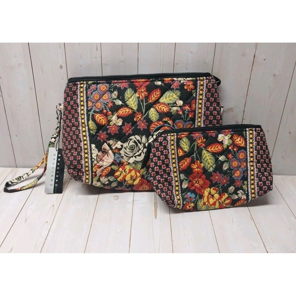 2 Set NWT Braciano Quilted Cosmetic Accessory Travel Bags Floral Garden Pattern